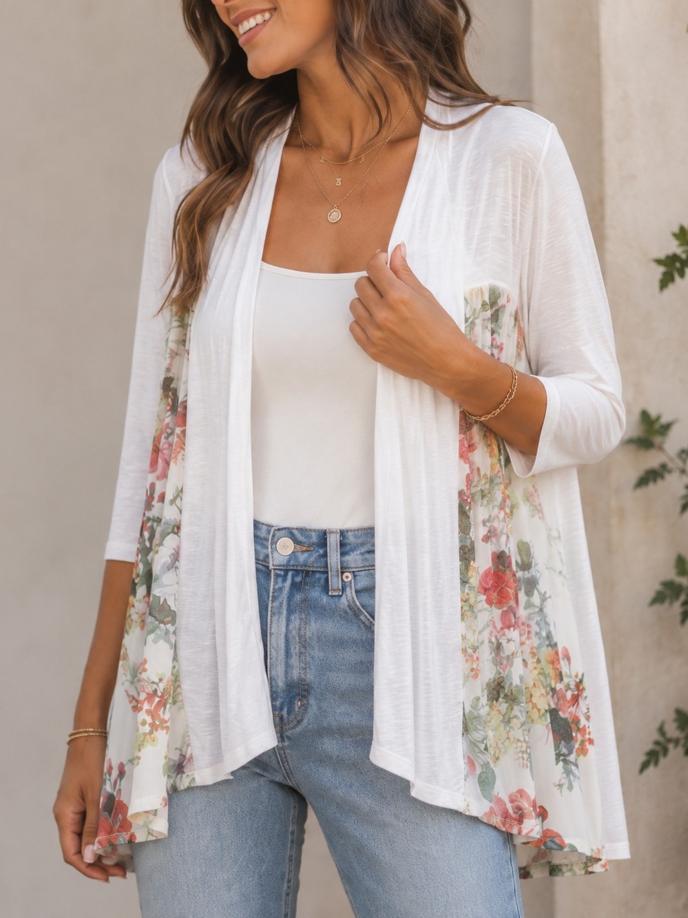 Cha Cha Vente Floral Open Front Cardigan Rayon Linen Blend Medium